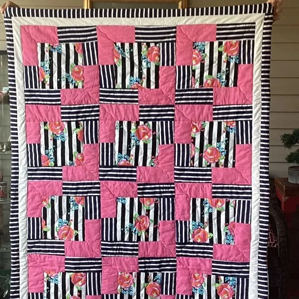 NWT. Hand Crafted Pink and Black Striped With Roses Floral Quilt